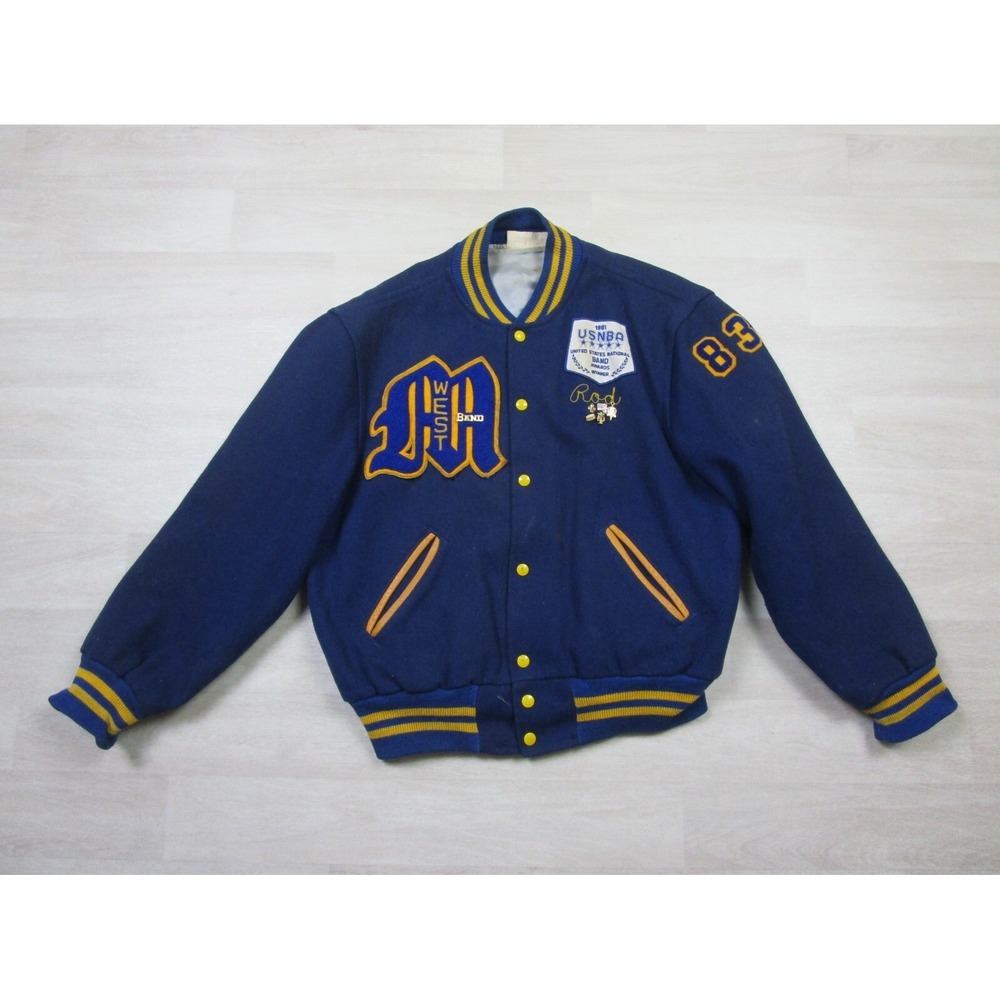 Vintage Wool Varsity Jacket Large Blue 1980s Chainstitch High School Band w/Pins